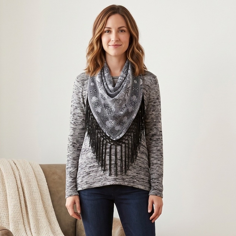One World Fringe Scarf Top Womens Medium Gray Marled‎ Knit Boho Paisley Pullover
